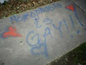 sidewalk graffiti saying homophobia is gay