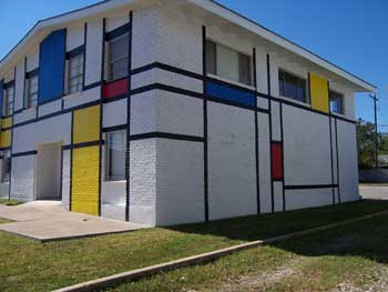 one view of building painted like a Mondrian