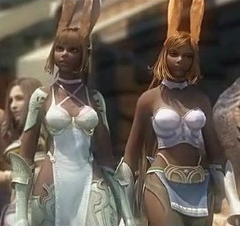 two women in skimpy outfits with bunny ears